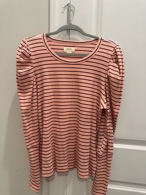 Maeve Pink and Brown Striped Puff-Shoulder Long Sleeve Tee